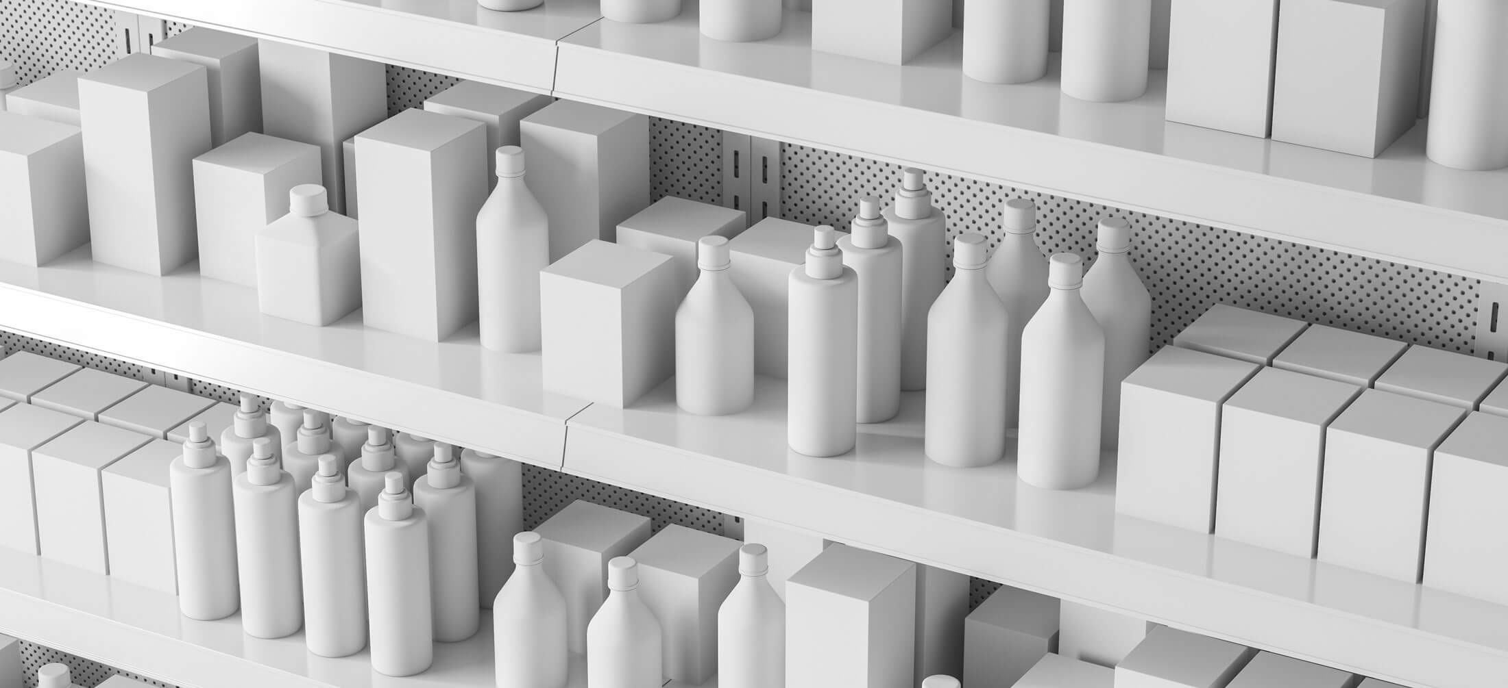 Minimalistic products on store shelves